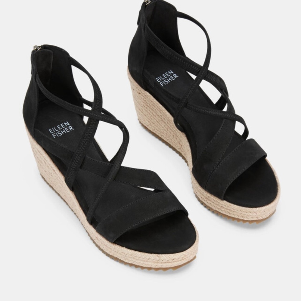 Eileen Fisher Black Nubuck Leather Crisscross Espadrilles Wedge Sandals | Sz 6